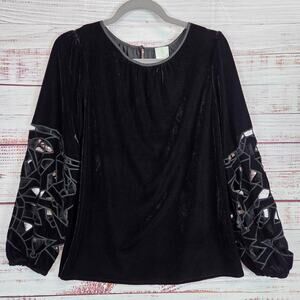 Joie Black Velvet Puff Sleeve Lazer Cut Top S Chic Casual Party Whimsy Sweater